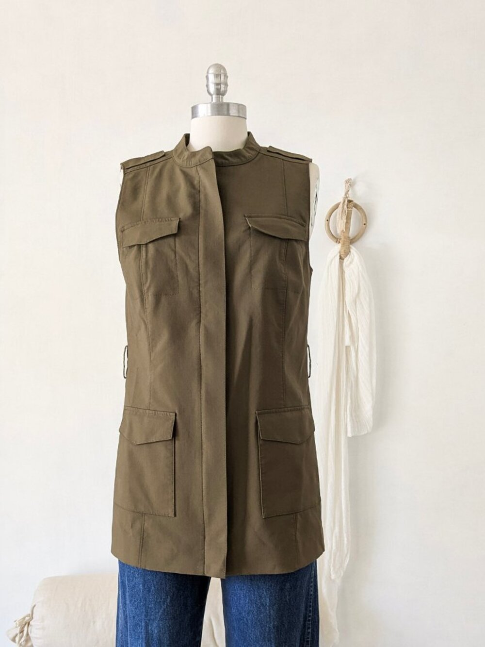 Emerson Rose Minimalist Muted Olive Drab Green Military Style Zip Up Vest